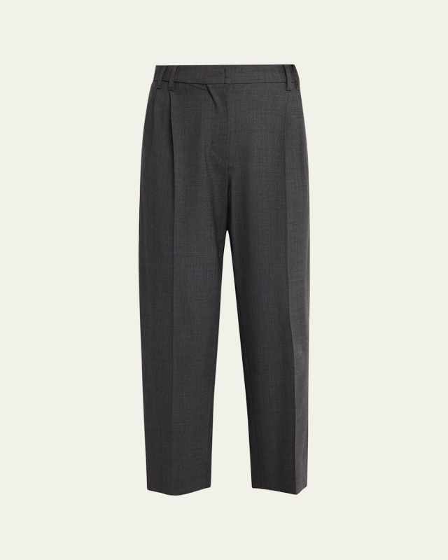 Pleated Tropical Wool Slouchy Straight-Leg Ankle Pants